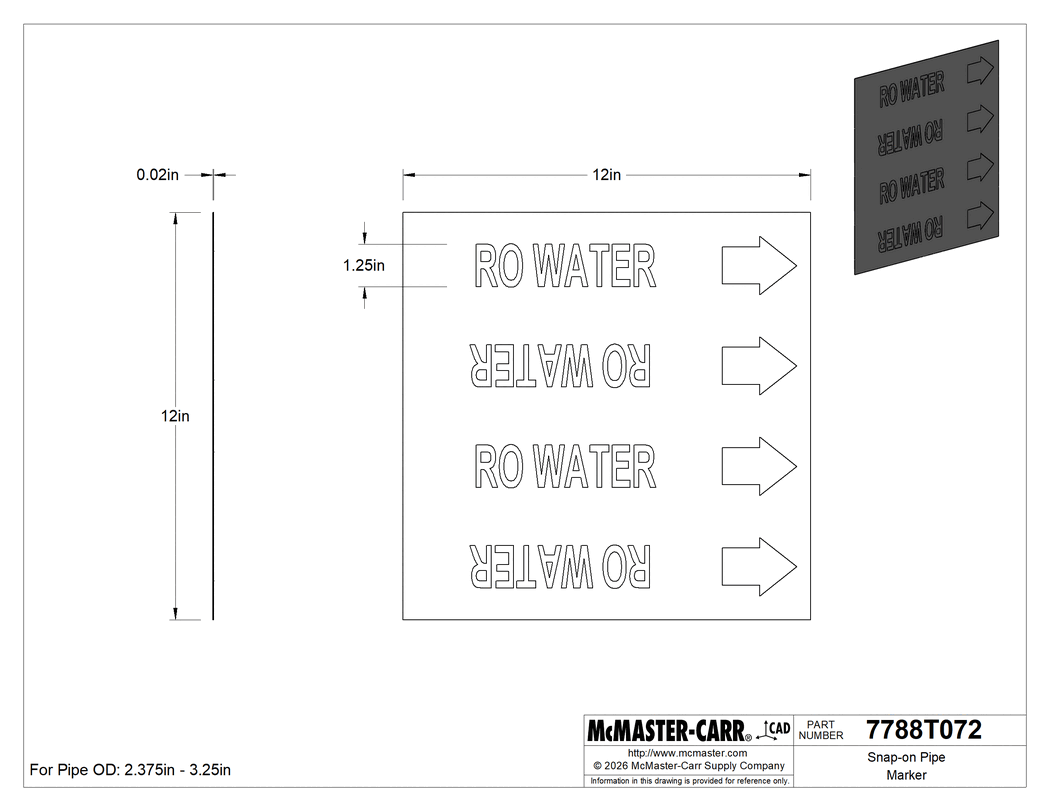 Technical Drawing of Snap-on Pipe Marker, for OD 2-3/8" - 3-1/4", 12" Length, Ro Water.